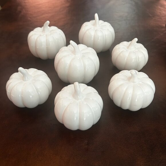 Thanksgiving Centerpiece Set Of 7 White Mini Ceramic Pumpkins - Picture 7 of 15